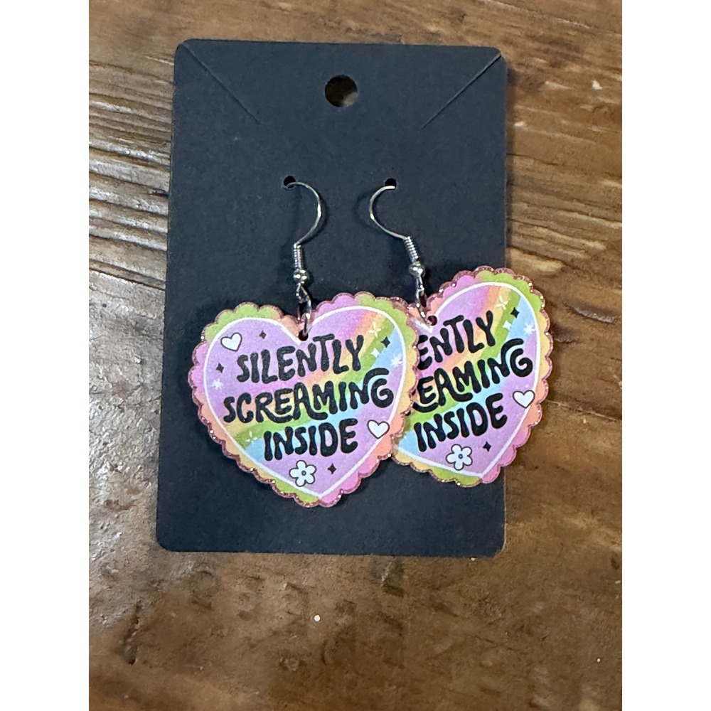 Silently Screaming Inside Rainbow Heart Drop Earrings Pastel Y2K Sarcastic